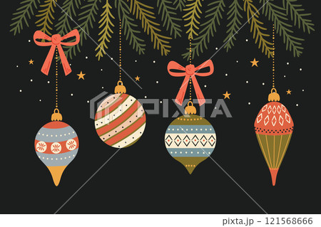 Christmas card with hand drawn Christmas tree decorations. Vector illustration flat style	 121568666