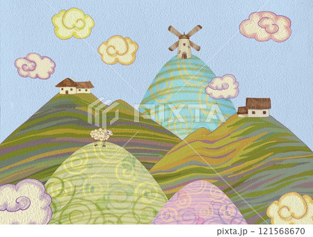 Watercolor illustration of hills, fluffy clouds, windmills, quaint houses and a sheep. Perfect for rural tourism brochures, farm-themed products, greeting cards, apps, children's books, and stickers. 121568670