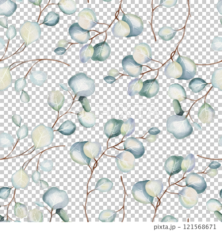 Hand-drawn watercolor seamless pattern of elegant eucalyptus branches with lush, aromatic leaves. Perfect for prints, minimalist home decor, wallpapers, wrap paper packages, clothes, backgrounds. Hand-drawn watercolor seamless pattern of elegant eucalyptus branches with lush, aromatic leaves. Perfect for prints, minimalist home decor, wallpapers, wrap paper packages, clothes, backgrounds. 121568671