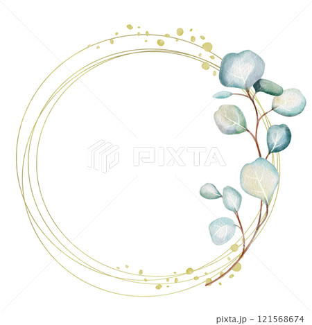 Hand-drawn watercolor illustration of round frame eucalyptus branch with lush, aromatic leaves. Perfect for wedding invitations, botanical prints, minimalist home decor, wellness products marketing. Hand-drawn watercolor illustration of round frame eucalyptus branch with lush, aromatic leaves. Perfect for wedding invitations, botanical prints, minimalist home decor, wellness products marketing. 121568674