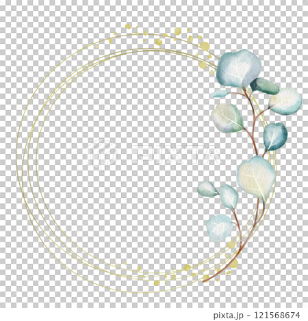 Hand-drawn watercolor illustration of round frame eucalyptus branch with lush, aromatic leaves. Perfect for wedding invitations, botanical prints, minimalist home decor, wellness products marketing. Hand-drawn watercolor illustration of round frame eucalyptus branch with lush, aromatic leaves. Perfect for wedding invitations, botanical prints, minimalist home decor, wellness products marketing. 121568674