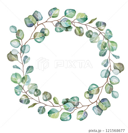 Eucalyptus wreath. Airy watercolor illustration. Ideal for romantic greeting cards, invitations to weddings, birthdays, etc. Botanical drawing of green leaves. For design of cosmetics, perfumes, etc. Eucalyptus wreath. Airy watercolor illustration. Ideal for romantic greeting cards, invitations to weddings, birthdays, etc. Botanical drawing of green leaves. For design of cosmetics, perfumes, etc. 121568677