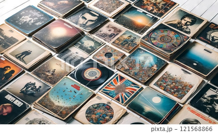 Collection of vintage vinyl records with artistic album covers. Classic LPs on display. White wooden background. Concept of retro music, vinyl revival, and collectible records 121568866