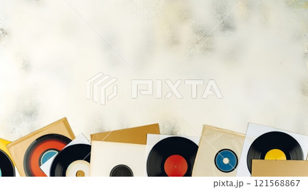 Collection of vintage vinyl records with artistic album covers. Classic LPs. Top view. Light textured background. Concept of retro music, vinyl revival, and collectible records. Banner. Copy space. 121568867