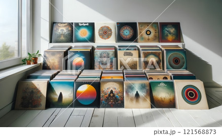 Sunlit room showcasing an extensive vinyl record collection. Organized albums by the window. Concept of a music enthusiast's space, collection display, and record aesthetics Sunlit room showcasing an extensive vinyl record collection. Organized albums by the window. Concept of a music enthusiast's space, collection display, and record aesthetics 121568873