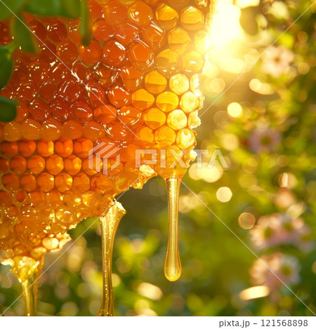 Sunlit honeycomb with dripping golden honey. Vibrant bokeh lush greenery backdrop. Concept of natural sweetener, organic food, healthy eating, sweetness, and beekeeping products. Copy space. Sunlit honeycomb with dripping golden honey. Vibrant bokeh lush greenery backdrop. Concept of natural sweetener, organic food, healthy eating, sweetness, and beekeeping products. Copy space. 121568898