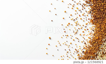 Apiculture bee pollen over white surface. Varied colored granules of bee pollen. Concept of dietary nutrition, bee product benefits, and energy-boosting superfood. Banner. Copy space. 121568921