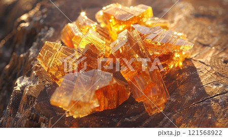 Glistening caramel crystals on wooden surface. Amber-colored sugar crystals with sunlight reflection. Concept of sweet ingredients, dessert preparation, gourmet confections, and culinary art Glistening caramel crystals on wooden surface. Amber-colored sugar crystals with sunlight reflection. Concept of sweet ingredients, dessert preparation, gourmet confections, and culinary art 121568922