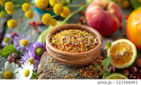 Bowl of colorful bee pollen grains on a wooden table. Nutritious pollen surrounded by natural flowers and fruit. Concept of superfood, natural supplements, health products, beekeeping, and apitherapy. Bowl of colorful bee pollen grains on a wooden table. Nutritious pollen surrounded by natural flowers and fruit. Concept of superfood, natural supplements, health products, beekeeping, and apitherapy. 121568991