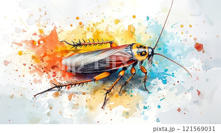 Watercolor illustration of a cockroach. Vibrant insect illustration with a splash of colors. Concept of entomology, creativity, and painting techniques 121569031