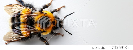 Close-up shot of a bumblebee isolated on white background. High-definition insect on a white backdrop. Concept of entomology, macro detail, and educational imagery. Banner. Copy space. 121569103