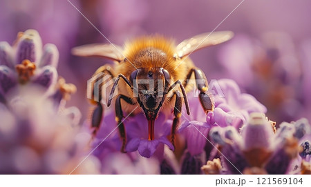Close-up of a bee on vibrant lavender. Pollinator at work in golden hour. Concept of environmental ecosystem, pollination process, spring flowers, and natural harmony 121569104