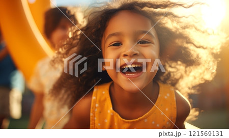 Joyful kid mulatto girl plays at the playground. Concept of childhood joy, outdoor activities, friendship, summertime, happiness, and diverse youth. 121569131