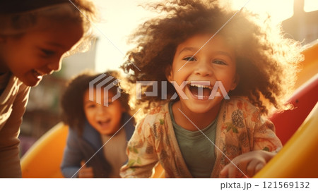 Cheerful children of different nationalities play at the playground. Concept of childhood joy, outdoor activities, friendship, summertime, happiness, and diverse youth. 121569132