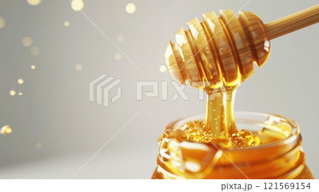 Honey drizzling from dipper into a glass jar on a light background. Liquid honey pouring. Concept of natural sweetness, bee products and gourmet indulgence. Banner. Copy space. 121569154
