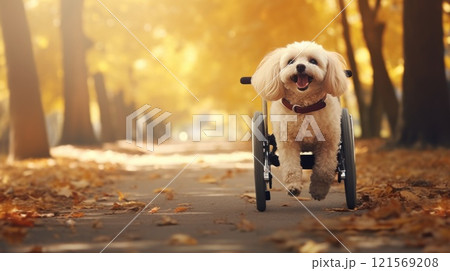 Happy joyful dog in wheelchair runs with his tongue hanging out while walking in park. Dog is disabled. Helping injured dogs. Love to animals. Advertising, banner, poster, pet store. 121569208