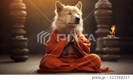 Sage dog in monk attire in meditation pose in the temple. Doggy guru meditates, achieving nirvana. Suitable for spiritual or humorous content 121569227
