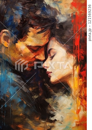 Couple in love. In style of oil painting. Metaphorical associative card on theme of relationship and romantic. Psychological abstract picture. Postcard, wall decoration, book illustration 121569236