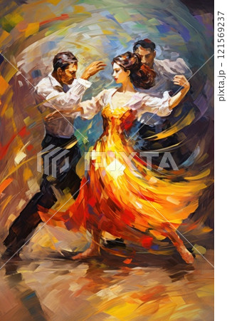Two Dancers in Motion. Metaphorical associative card on theme of dance. In style of oil painting. Abstract picture. Postcard, wall decoration, poster. Ideal for dance studios or art galleries. 121569237