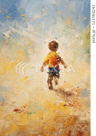 Child Running on Beach. In style of oil painting. Metaphorical associative card on theme of Happy childhood. Psychological abstract picture. Postcard, wall decoration, book illustration 121569242