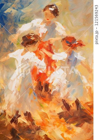 Children dancing in meadow. In style of oil painting. Metaphorical associative card on theme of kids fun. Psychological abstract picture. Postcard, wall decoration, book illustration Children dancing in meadow. In style of oil painting. Metaphorical associative card on theme of kids fun. Psychological abstract picture. Postcard, wall decoration, book illustration 121569243