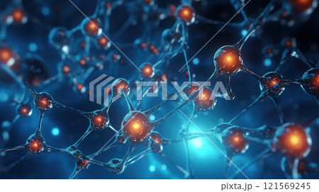 Atoms and molecules. Colorful Spheres in Motion. Abstract background. Futuristic Geometry. Concept of science, chemistry, medicine, technology, networks Copy Space Bubbles 121569245