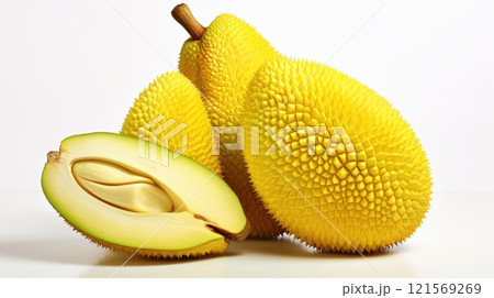 Jackfruit on white background. Exotic tropical fruit. Healthy vegan dessert. Organic food. Close up. Ideal for restaurant, cafe, food blog, menu, web design, store, supermarket. 121569269