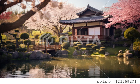 Beauty of a Japanese garden, where cherry blossoms bloom, flows clear river, a stone path leads to a tea house. The harmony of nature and architecture is the backdrop for traditional tea gathering 121569271