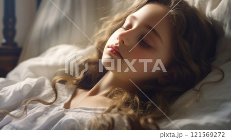 Restful Slumber. Sleeping cute girl lies with her eyes closed, immersed in deep sleep. Comfort and restfulness. Perfect for use in sleep studies, bedding advertisements, or wellness blogs. 121569272