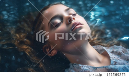 Sleeping cute girl lies with her eyes closed, immersed in deep sleep. On dark blue bokeh background like sea. Refreshing dream. Sound sleep, pleasant dreams. Copy Space 121569273