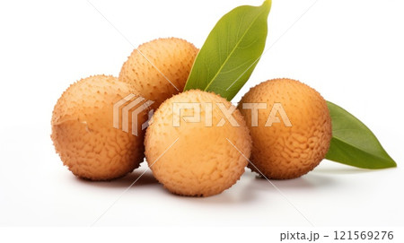 Longan fruit on white background. Whole fruits with green leaves. Exotic tropical fruits. Healthy vegan dessert. Food. Close up. Restaurant, cafe, food blog, menu web design. 121569276