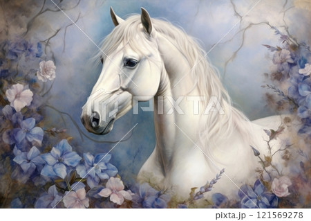 Majestic white horse surrounded by blue flowers. Power and Grace of Wild Mustang. Illustration in style of oil painting. Ideal for background, banner, poster, wall decoration, print, web design. 121569278