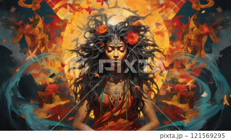 Fantasy Illustration of a woman with long curly hair with flowers, against abstract background. Goddess Shakti. Hindu deity. Ideal for mythology, fantasy, religious, digital art project. 121569295