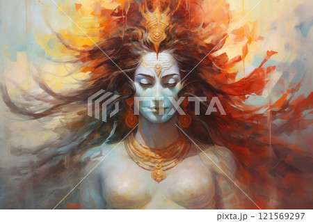 Goddess Shakti. Hindu deity. A woman with crown. Fantasy lady. Shakti is meditating. On abstract background. Illustration. Ideal for mythology, fantasy, religious, digital art project. 121569297