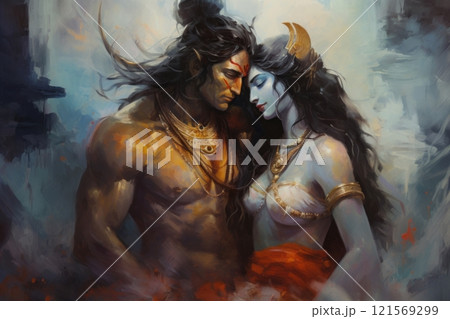 Fantasy illustration of male and female deities in love on abstract background. Shiva and Shakti unite to bring forth new universe. Hinduism. For mythology, fantasy, religious, digital art project. Fantasy illustration of male and female deities in love on abstract background. Shiva and Shakti unite to bring forth new universe. Hinduism. For mythology, fantasy, religious, digital art project. 121569299