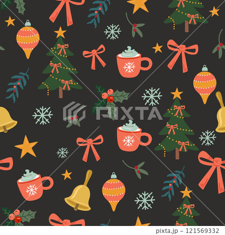 Seamless pattern with Christmas decorations and trees on a dark background. Vector illustration flat style	 121569332