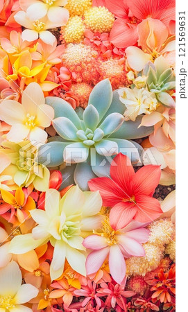 Colorful succulent and spring flower combination in a vibrant arrangement. 121569631