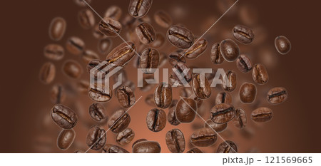 Levitating roasted coffee beans on brown background 121569665
