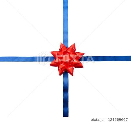 Red bow and crossed blue silk ribbons on isolated background 121569667