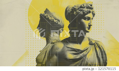 Antique statue of roman or greek culture. Vintage renaissance head halftone sculpture 121570115