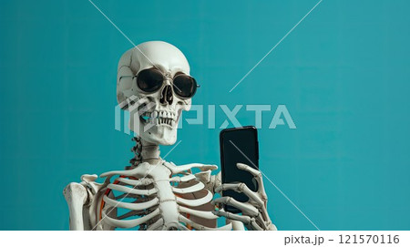 Skeleton with phone in hand. Halloween illustration, skull and bone with mobile smartphone. 121570116