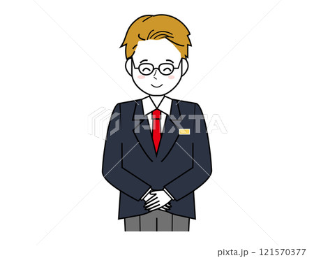 接客をする男性販売員のイラスト　男性のビジネスマンの上半身イラスト 121570377