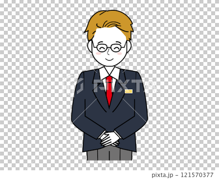 接客をする男性販売員のイラスト　男性のビジネスマンの上半身イラスト 121570377
