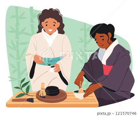 Women wearing kimono preparing aroma herbal asian tea for traditional oriental ceremony scene 121570746