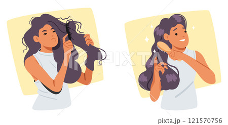 Young woman with problematic tangled dry hair difficult to comb before and after treatment 121570756