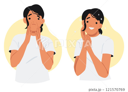 Unhappy woman character before and after facelift, anti-aging rejuvenation procedure for face skin Unhappy woman character before and after facelift, anti-aging rejuvenation procedure for face skin 121570769
