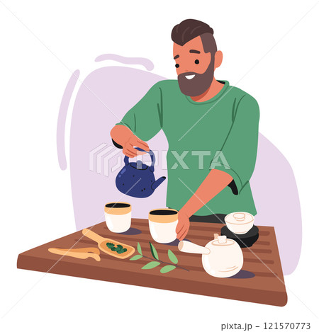 Hipster man brewing traditional asian tea pouring hot water for authentic oriental ceremony Hipster man brewing traditional asian tea pouring hot water for authentic oriental ceremony 121570773