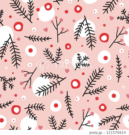 Seamless pattern with Christmas theme, elements and fir branches on soft pink background Seamless pattern with Christmas theme, elements and fir branches on soft pink background 121570814