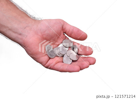 Small Ukrainian money in your hand. The close-up is highlighted on a white background. the concept of the economic crisis 121571214