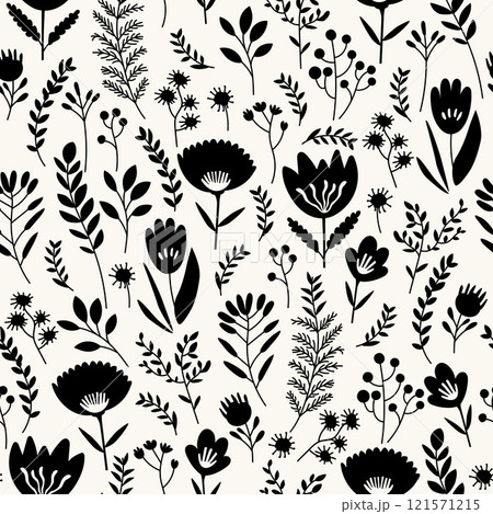 Seamless black and white pattern with delicate flowers, leaves and twigs on a white background 121571215
